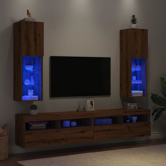 TV-skabe med LED lys 2 stk. Håndværks eg 30,5x30x102cm