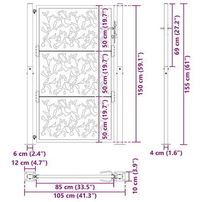 Gartentor Schwarz 105x155 cm Stahl Blatt-Design