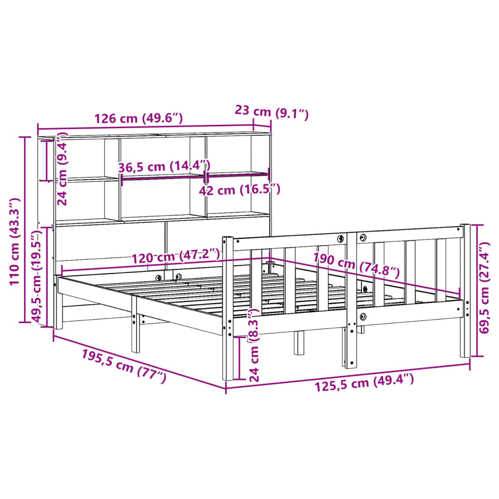 Massivholzbett mit Regal ohne Matratze Wachsbraun 120x190 cm