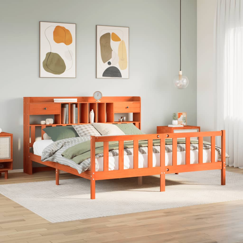 Massivholzbett mit Regal ohne Matratze Wachsbraun 200x200 cm