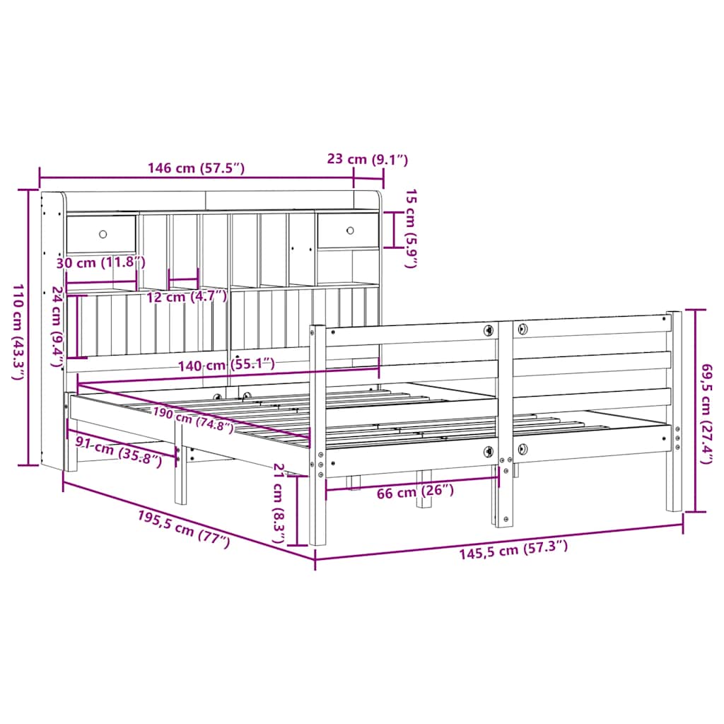 Massivholzbett mit Regal ohne Matratze Weiß 140x190 cm Kiefer
