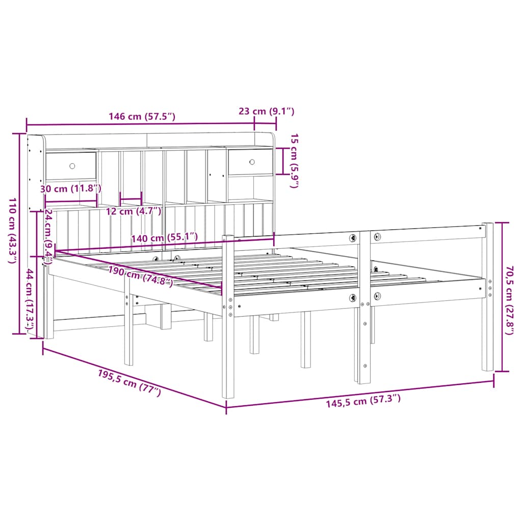 Massivholzbett mit Regal ohne Matratze 140x190 cm Kiefernholz