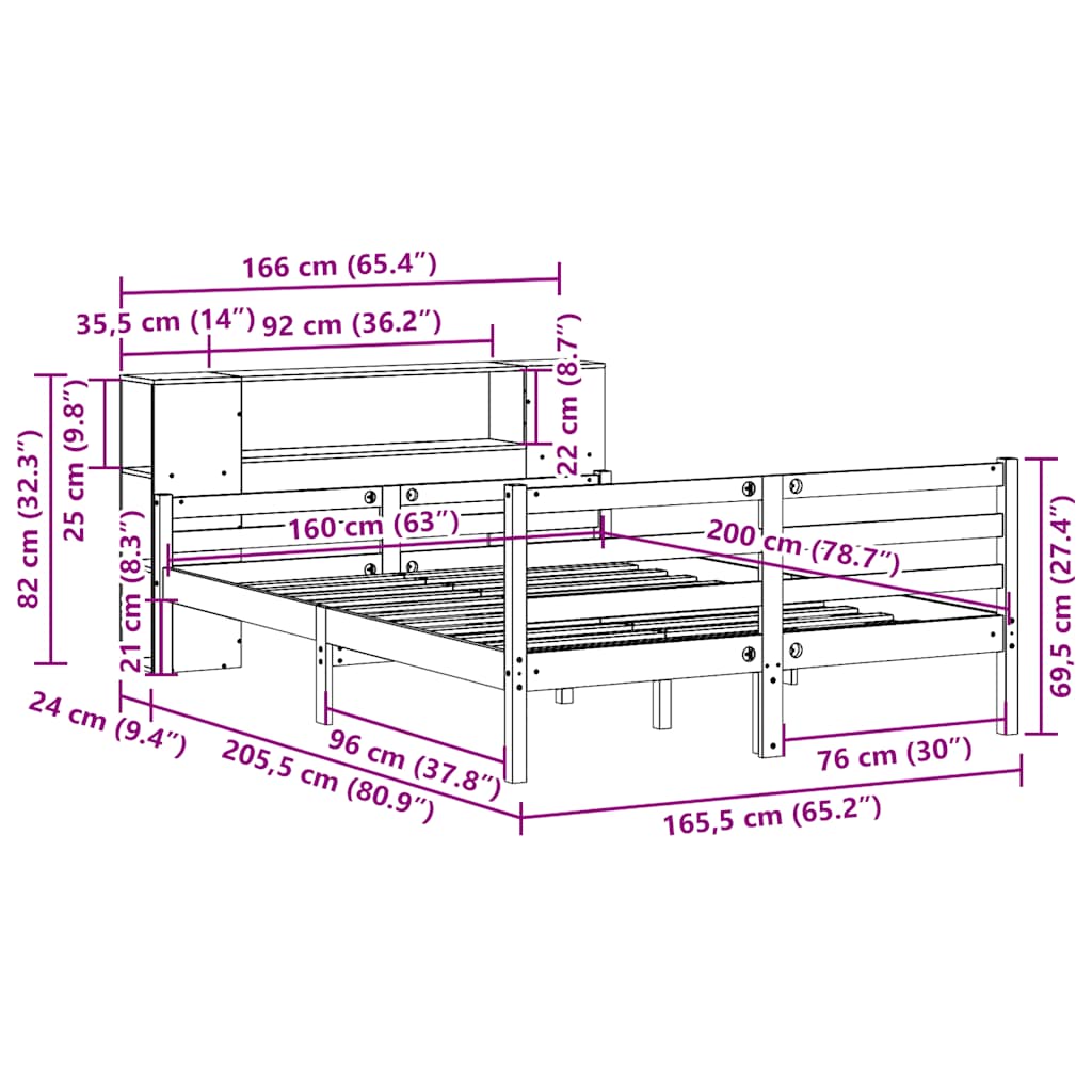 Massivholzbett mit Regal ohne Matratze 160x200 cm Kiefernholz