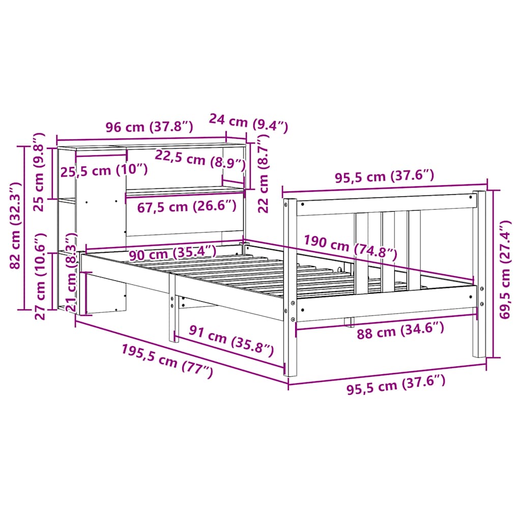 Massivholzbett mit Regal ohne Matratze 90x190 cm Kiefernholz