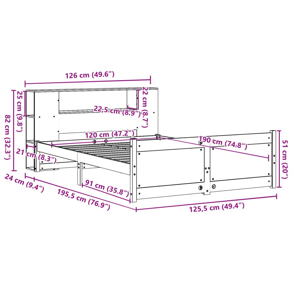 Massivholzbett mit Regal ohne Matratze 120x190 cm Kiefer