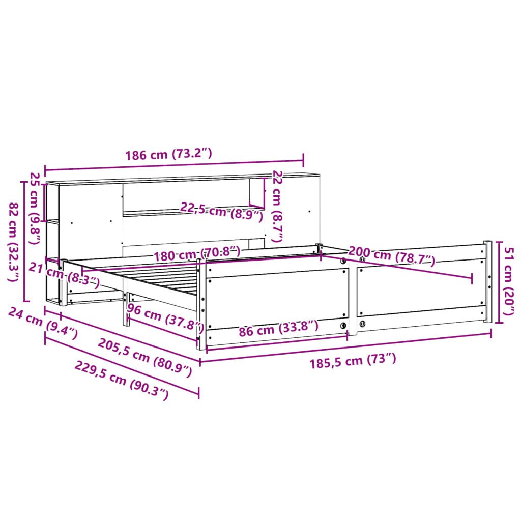 Massivholzbett mit Regal ohne Matratze 180x200 cm Kiefer