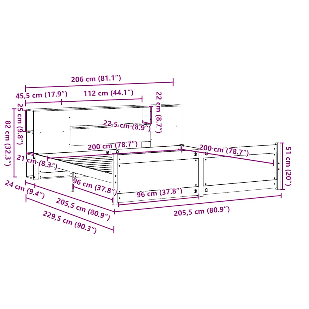 Massivholzbett mit Regal ohne Matratze 200x200 cm Kiefer