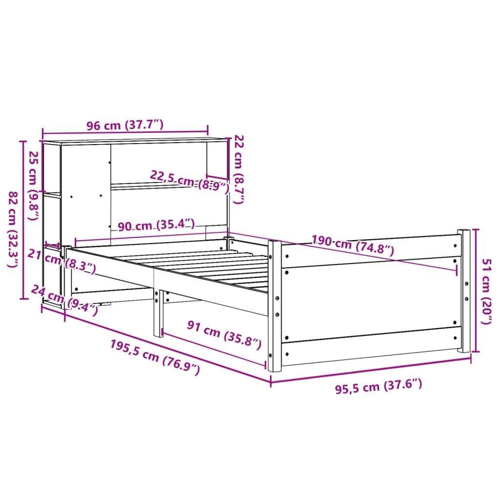 Massivholzbett mit Regal ohne Matratze Weiß 90x190 cm Kiefer