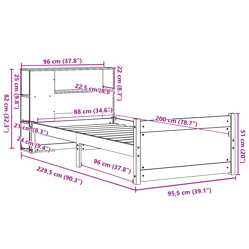 Massivholzbett mit Regal ohne Matratze 90x200 cm Kiefer