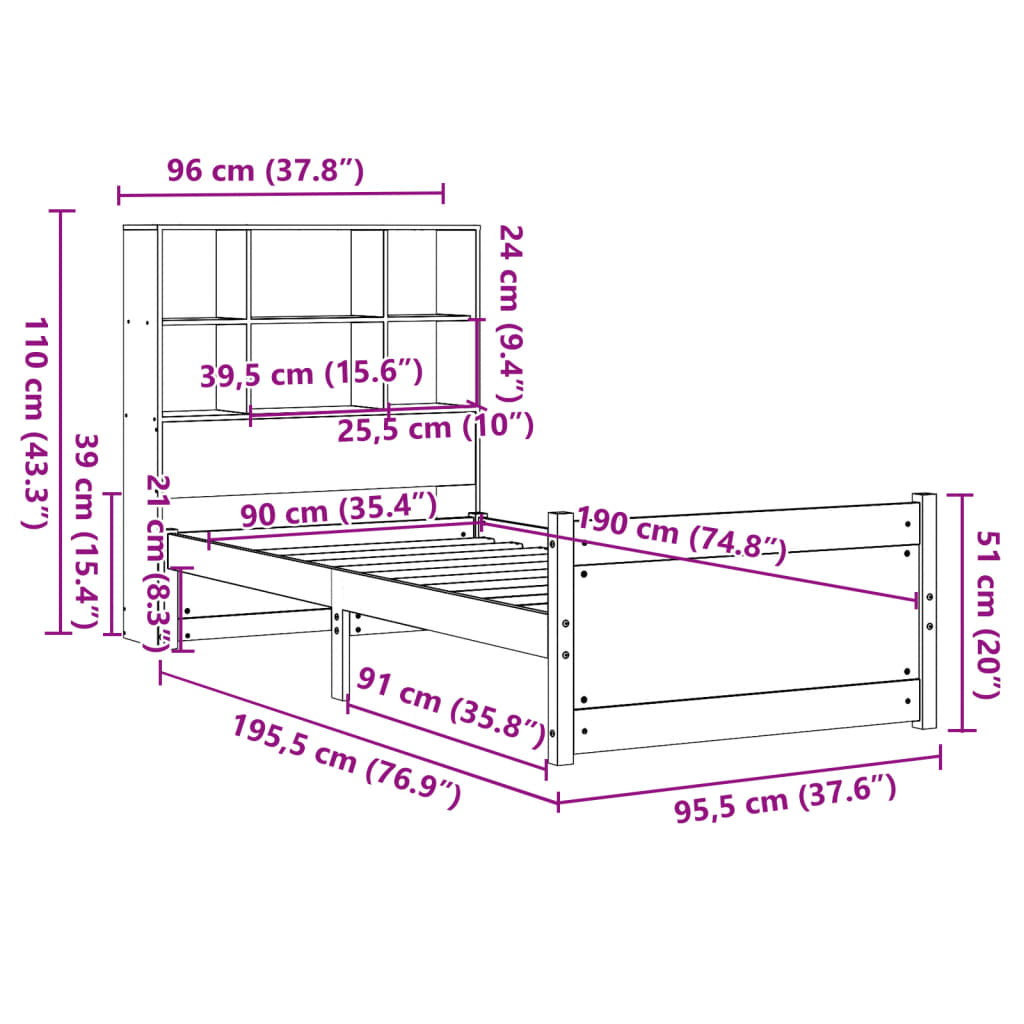 Massivholzbett mit Regal ohne Matratze 90x190 cm Kiefer