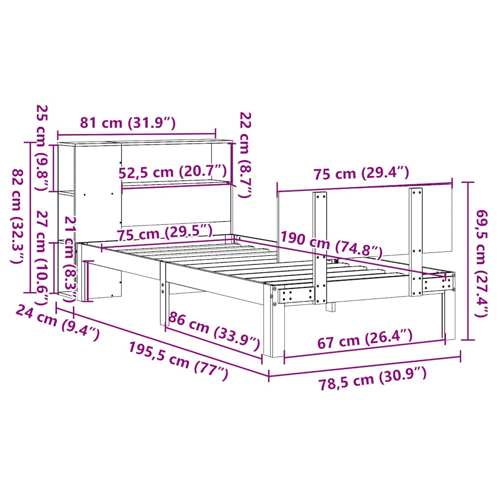 Massivholzbett mit Regal ohne Matratze Weiß 75x190 cm Kiefer