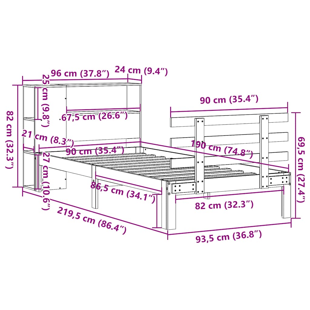 Massivholzbett mit Regal ohne Matratze 90x190 cm Kiefer