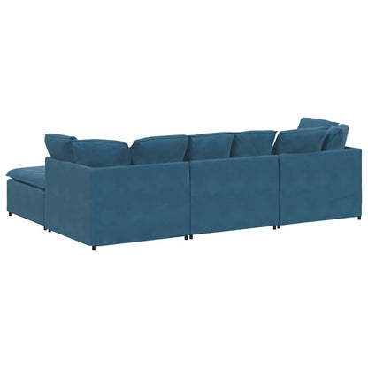 Modulares Sofa mit Fußhocker Kissen Samt Blau