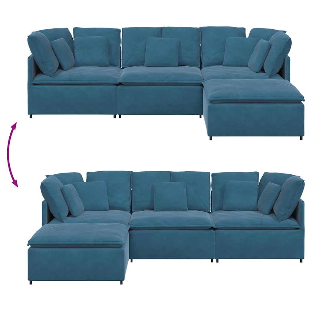 Modulares Sofa mit Fußhocker Kissen Samt Blau