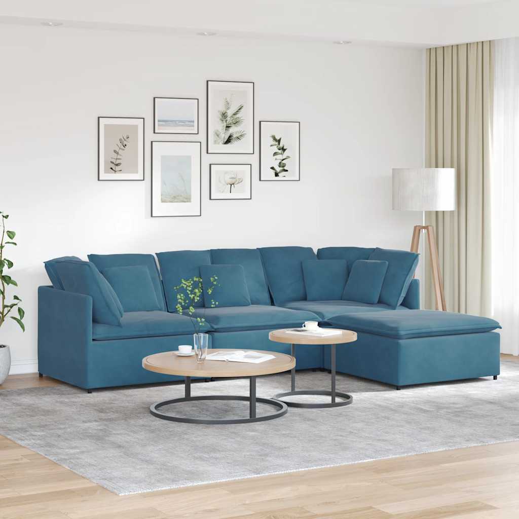 Modulares Sofa mit Fußhocker Kissen Samt Blau
