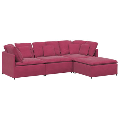 Modulares Sofa mit Fußhocker Kissen Samt Weinrot