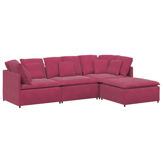 Modulares Sofa mit Fußhocker Kissen Samt Weinrot