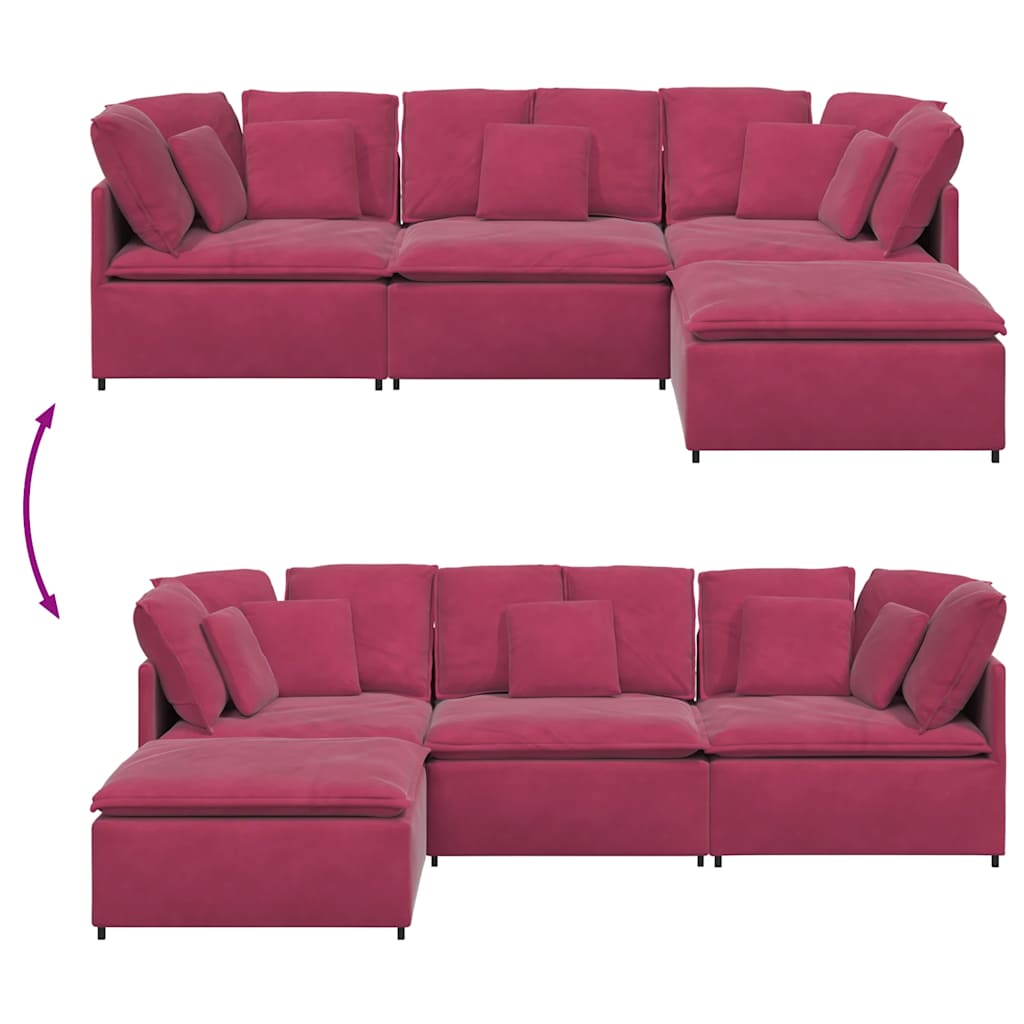 Modulares Sofa mit Fußhocker Kissen Samt Weinrot