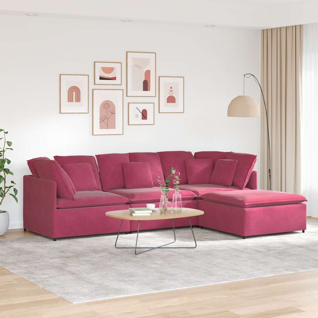 Modulares Sofa mit Fußhocker Kissen Samt Weinrot