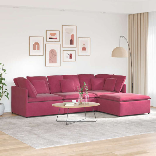 Modulares Sofa mit Fußhocker Kissen Samt Weinrot