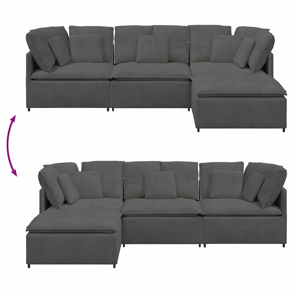 Modulares Sofa mit Fußhocker Kissen Cordstoff Dunkelgrau