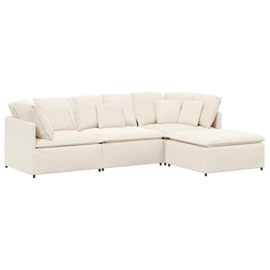 Modulares Sofa mit Hocker Kissen Stoff in Lammwolloptik Creme