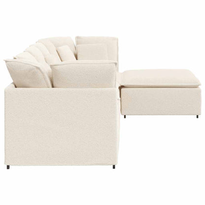 Modulares Sofa mit Hocker Kissen Stoff in Lammwolloptik Creme