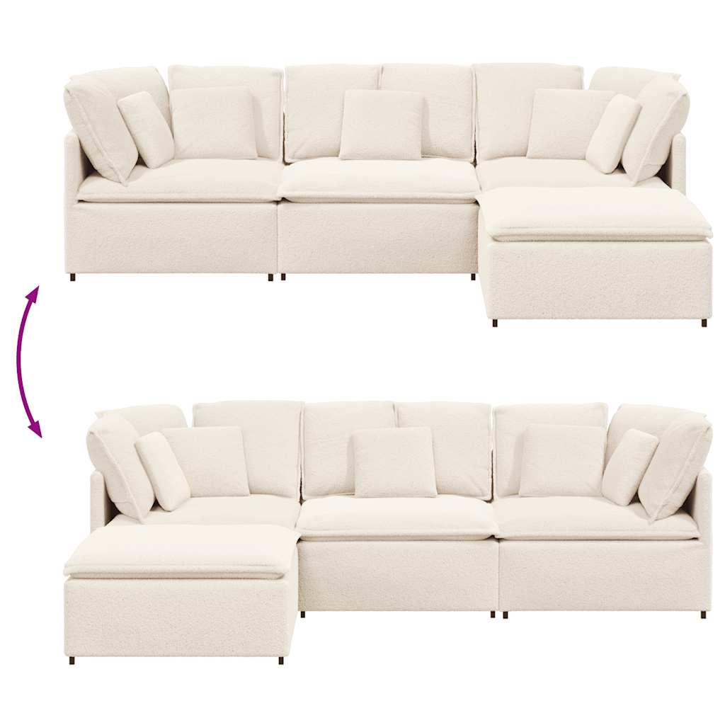 Modulares Sofa mit Hocker Kissen Stoff in Lammwolloptik Creme