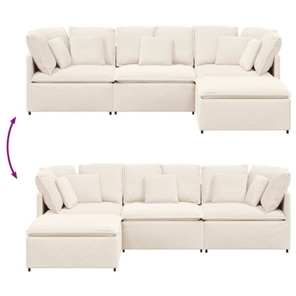 Modulares Sofa mit Hocker Kissen Stoff in Lammwolloptik Creme