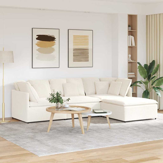 Modulares Sofa mit Hocker Kissen Stoff in Lammwolloptik Creme