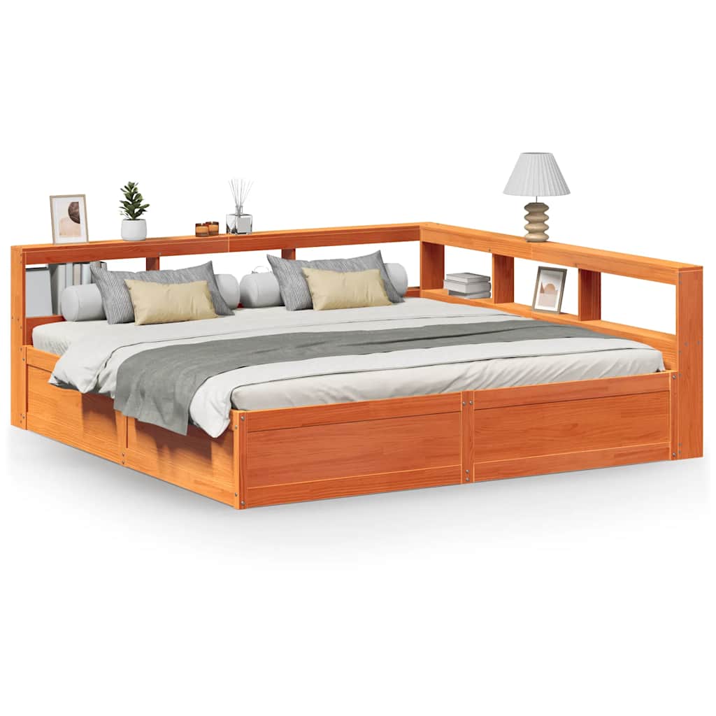 Massivholzbett mit Regal ohne Matratze Wachsbraun 180x200 cm