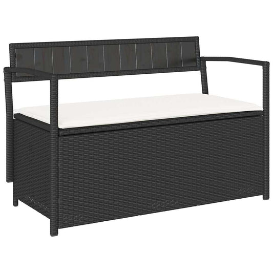 Gartenbank mit Stauraum und Kissen Schwarz Poly Rattan