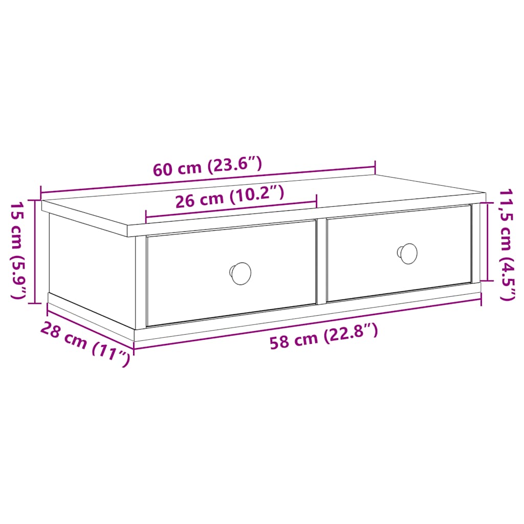 Wandregal mit Schubladen Betongrau 60x28x15 cm Holzwerkstoff