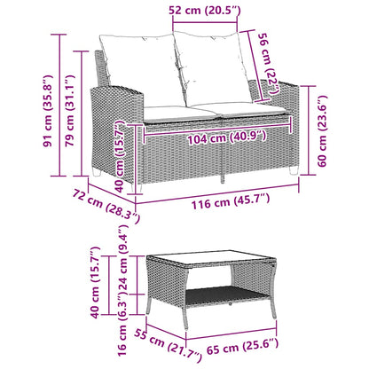 Gartensofa 2-Sitzer mit Kissen & Tisch Schwarz Poly Rattan
