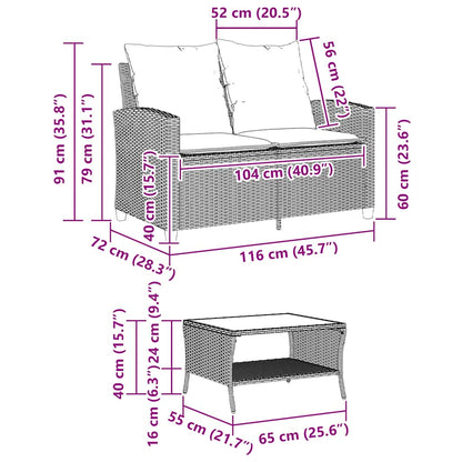 Gartensofa 2-Sitzer mit Kissen & Tisch Grau Poly Rattan
