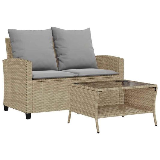 Gartensofa 2-Sitzer mit Kissen & Tisch Beige Poly Rattan