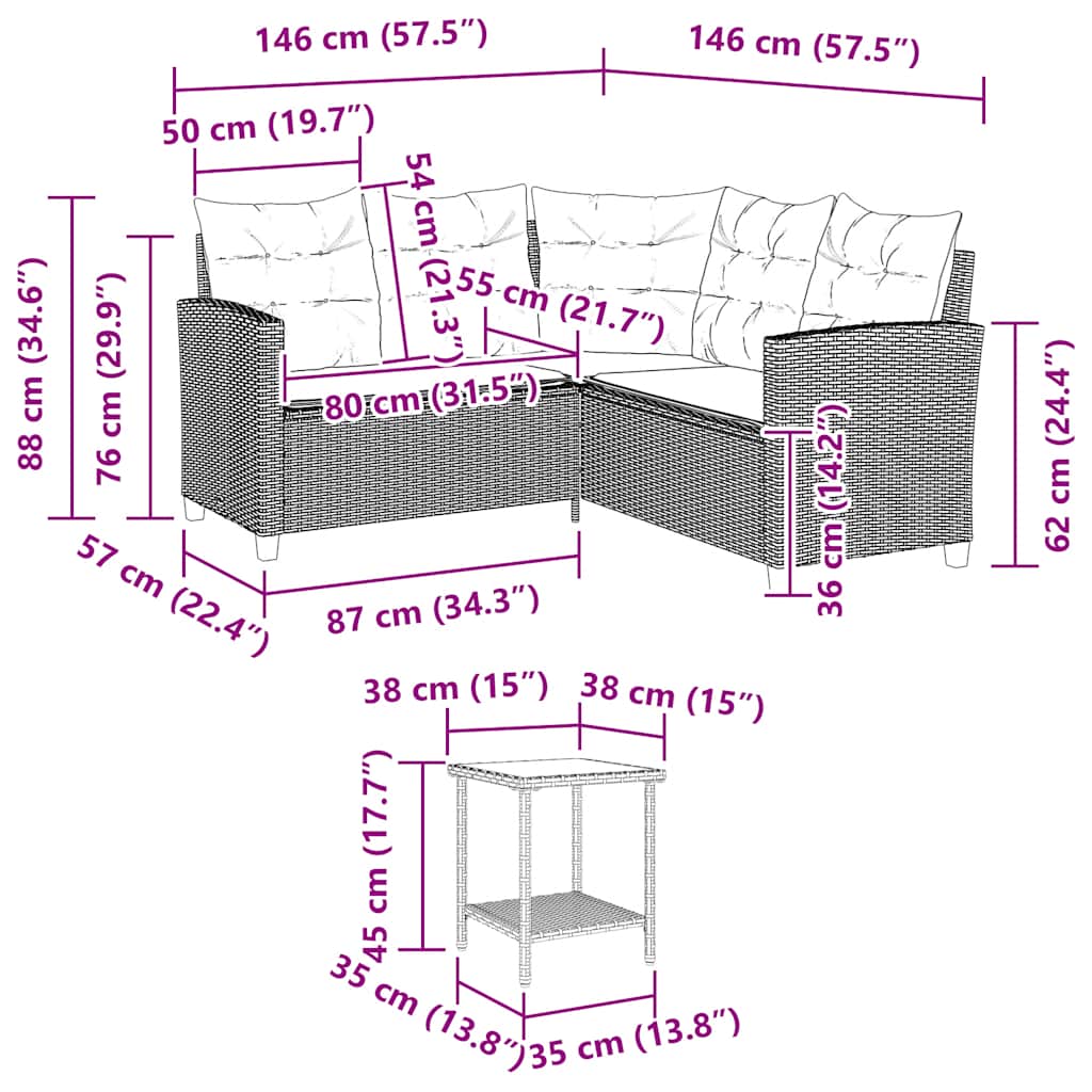 Gartensofa in L-Form mit Tisch und Kissen Braun Poly Rattan