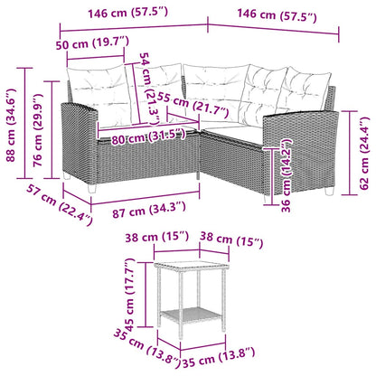 Gartensofa in L-Form mit Tisch und Kissen Braun Poly Rattan