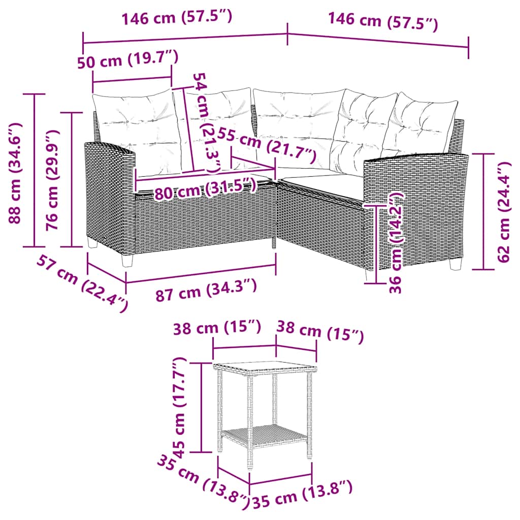 Gartensofa in L-Form mit Tisch und Kissen Grau Poly Rattan