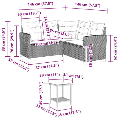 Gartensofa in L-Form mit Tisch und Kissen Grau Poly Rattan