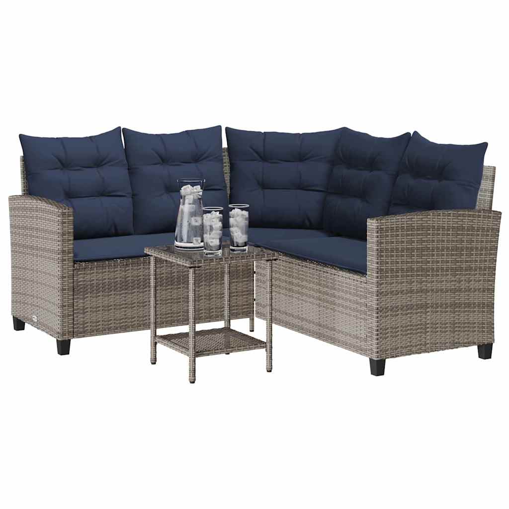 Gartensofa in L-Form mit Tisch und Kissen Grau Poly Rattan