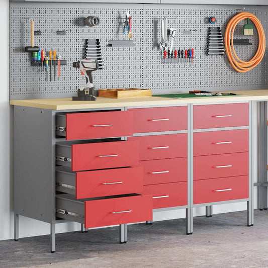 Werkbank mit Schubladen 3 pcs Rot und Grau 150 x 55 x 85 cm