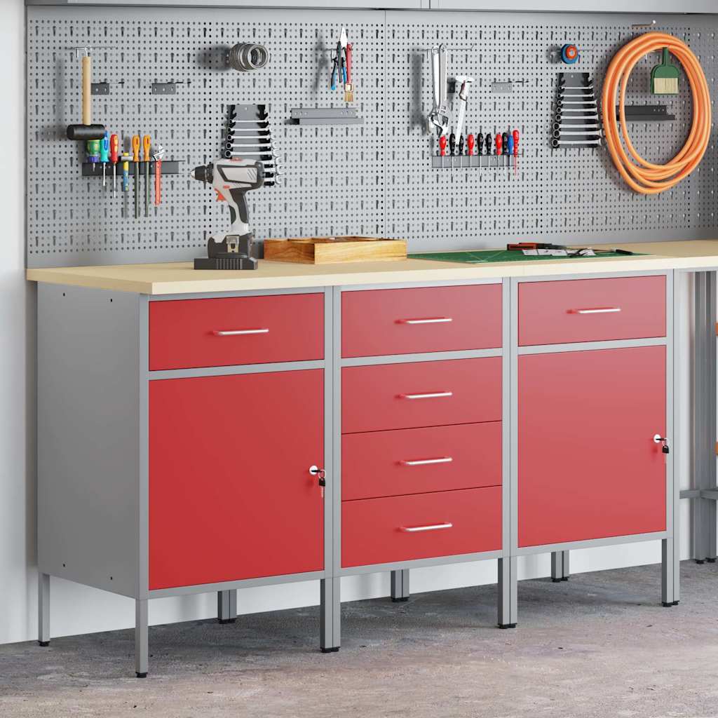 Werkbank mit Schubladen 3 pcs Rot und Grau 150 x 55 x 85 cm