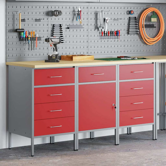 Werkbank mit Schubladen 3 pcs Rot und Grau 150 x 55 x 85 cm