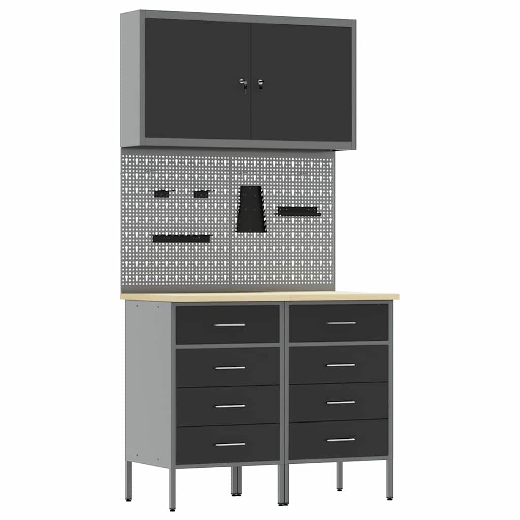 Werkbank mit Schubladen 5 pcs Schwarz 100 x 55 x 200 cm Stahl