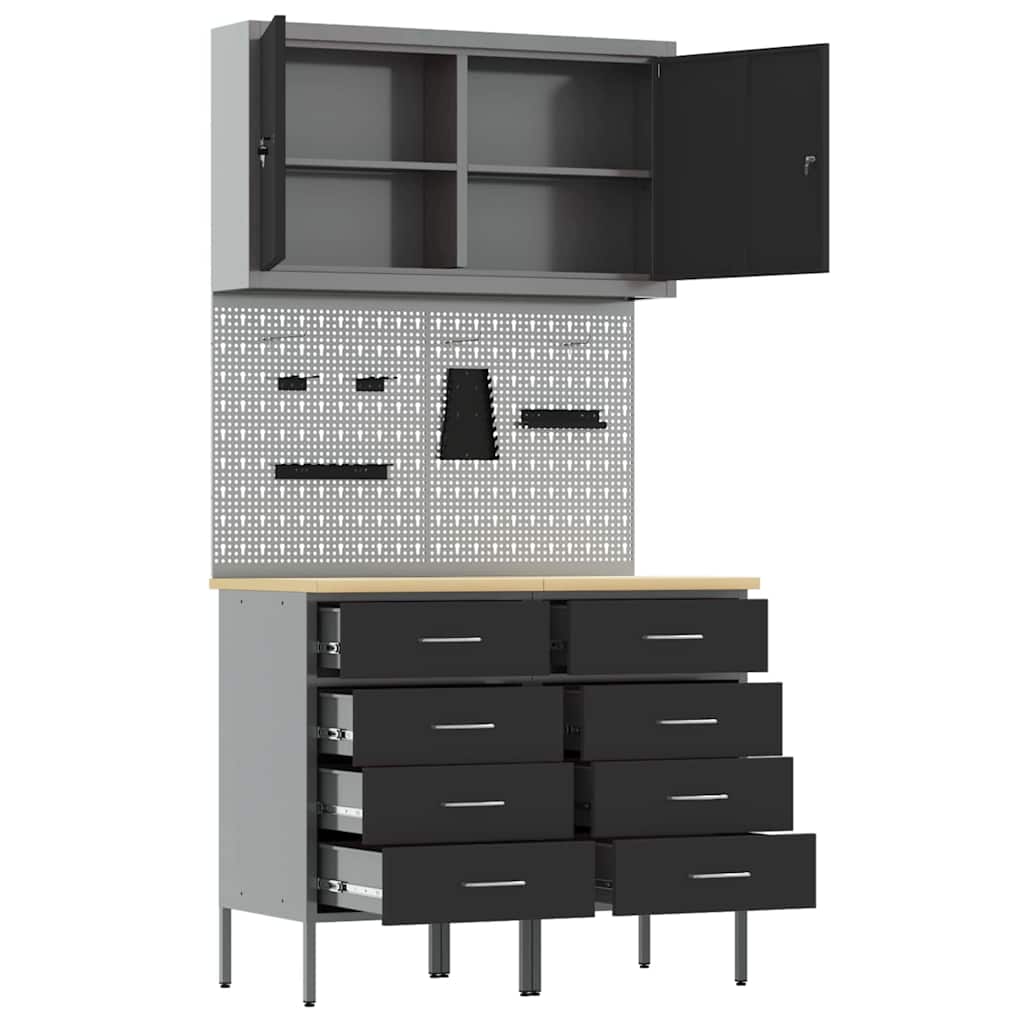 Werkbank mit Schubladen 5 pcs Schwarz 100 x 55 x 200 cm Stahl