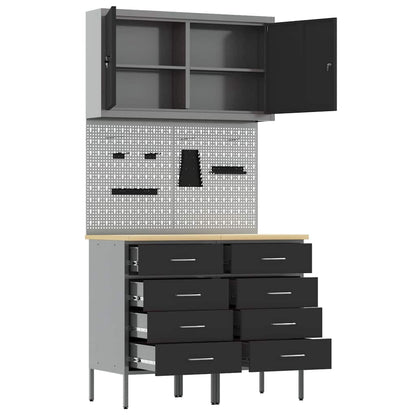 Werkbank mit Schubladen 5 pcs Schwarz 100 x 55 x 200 cm Stahl