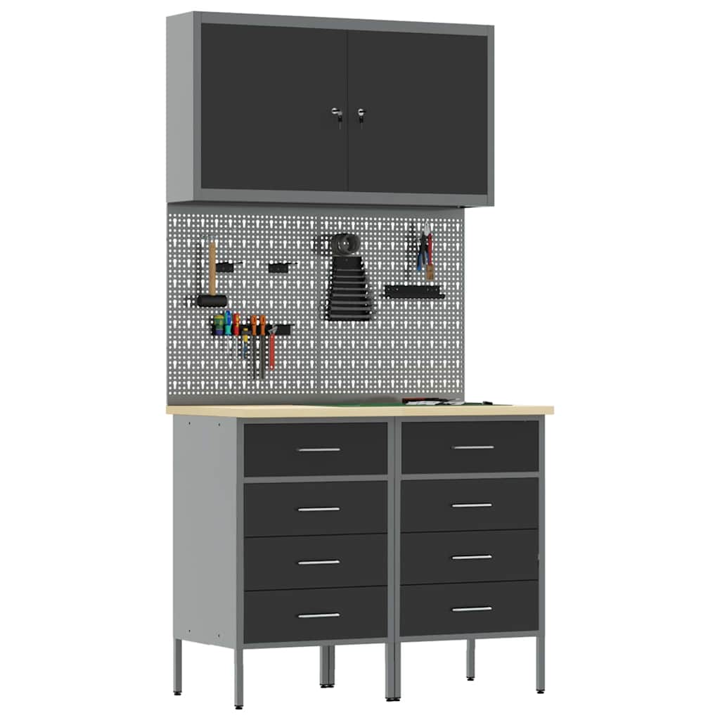Werkbank mit Schubladen 5 pcs Schwarz 100 x 55 x 200 cm Stahl