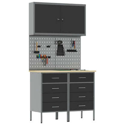 Werkbank mit Schubladen 5 pcs Schwarz 100 x 55 x 200 cm Stahl