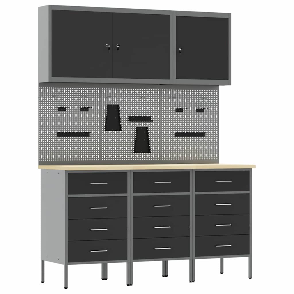 Werkbank mit Schubladen 8 pcs Schwarz 150 x 55 x 200 cm Stahl